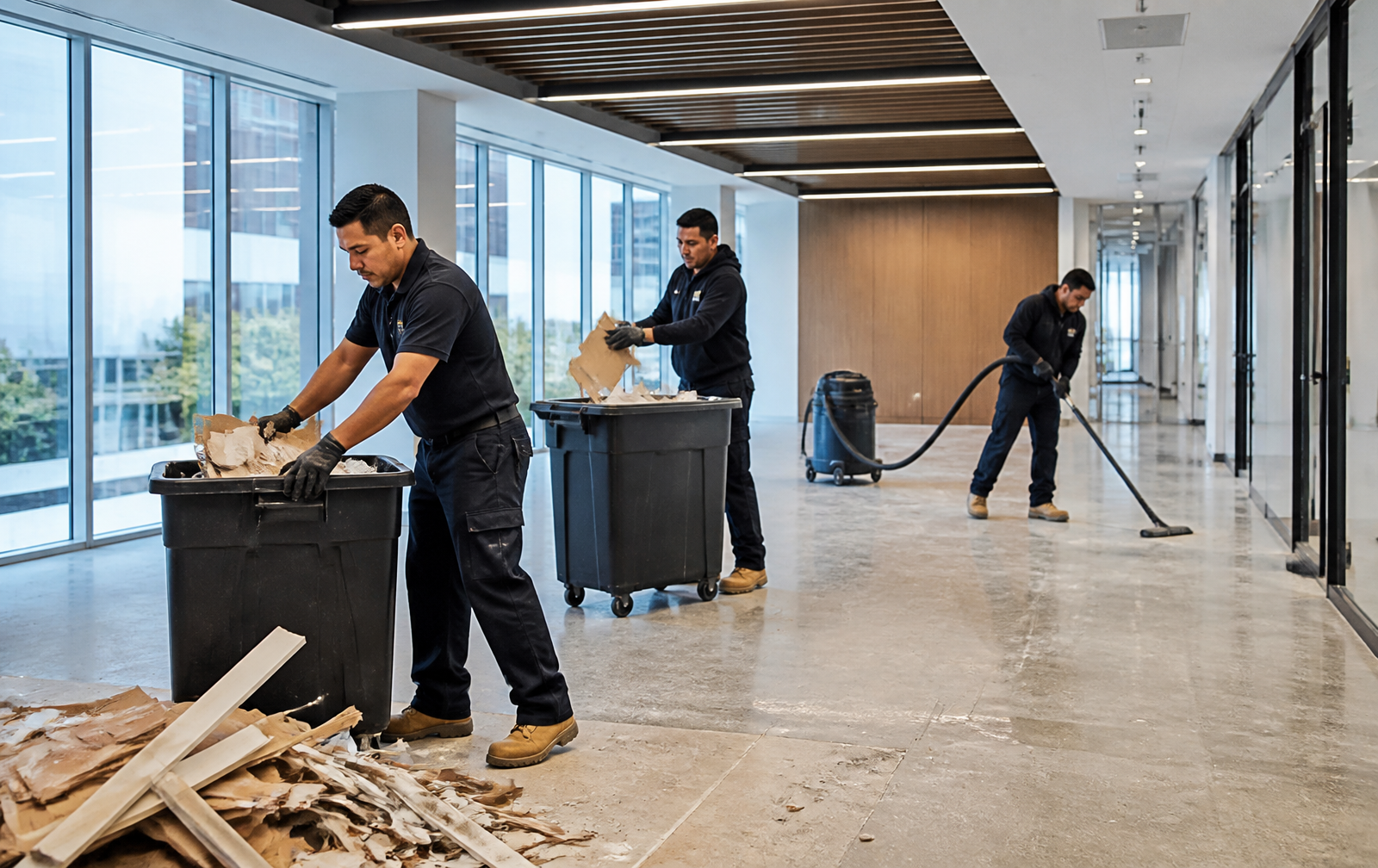 Commercial post-construction crew removing debris and vacuuming a finished space