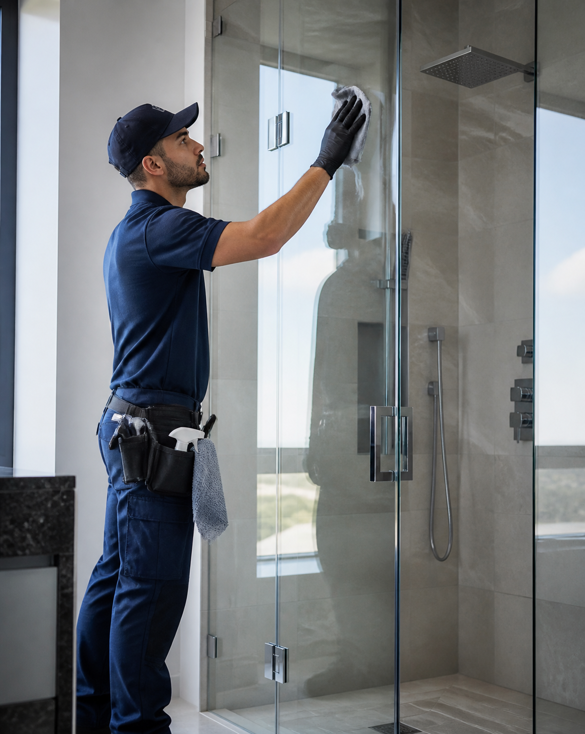 Post-construction cleaning specialist polishing a new glass shower
