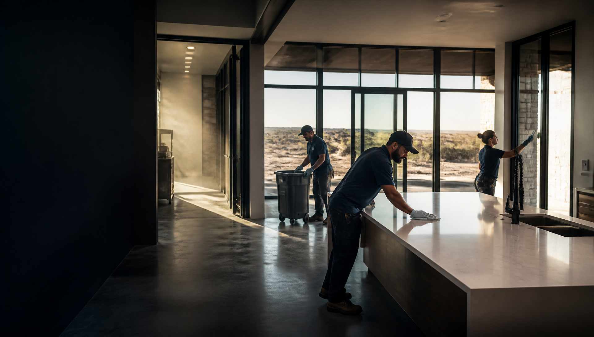 Post-construction cleaning crew preparing a new Midland home for walkthrough